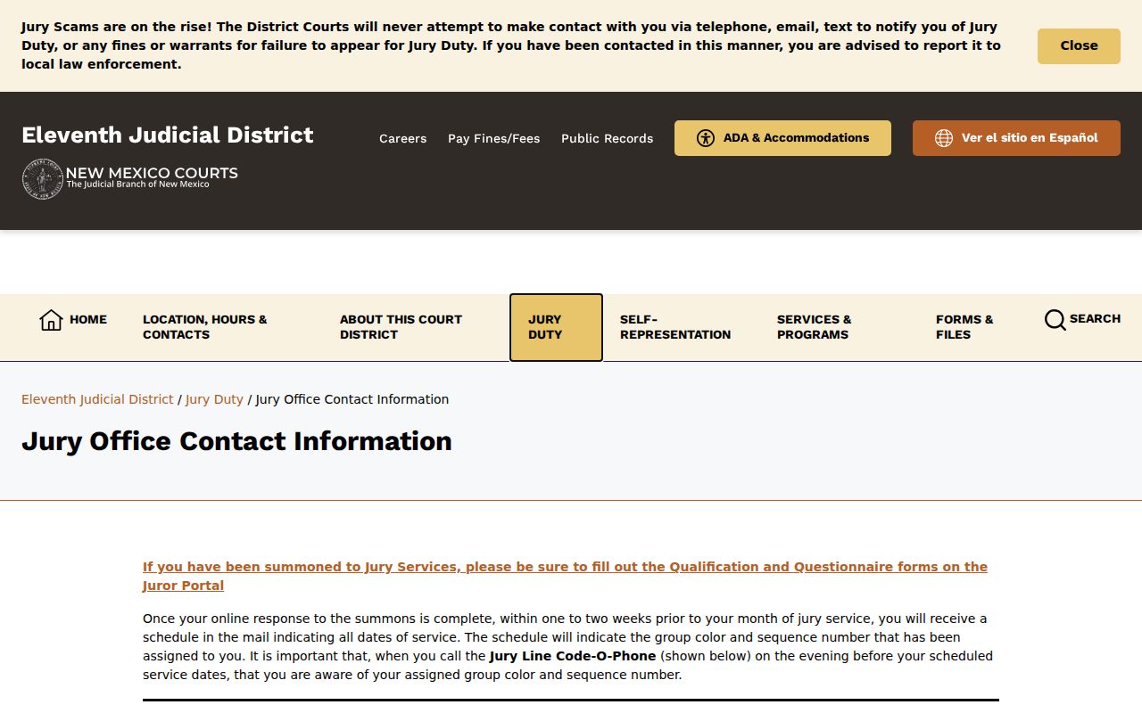 Eleventh Judicial District jury office contact information for Gallup