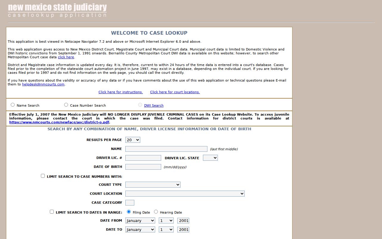 McKinley County criminal court docket legacy Case Lookup search controls