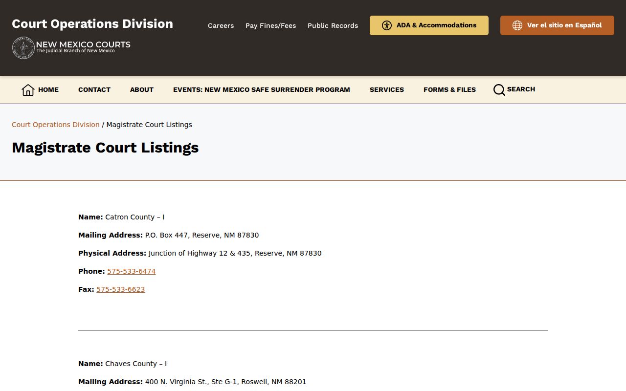 New Mexico Magistrate Court directory listing for Gallup contact routing
