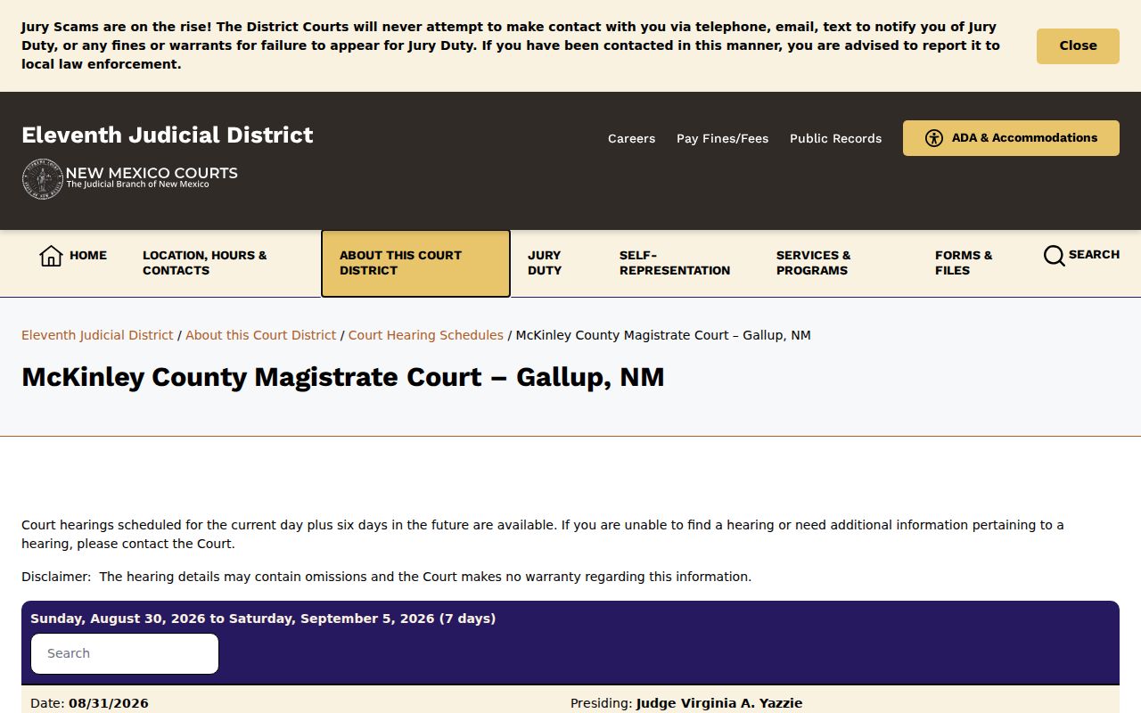 McKinley County Magistrate Court schedule disclaimer