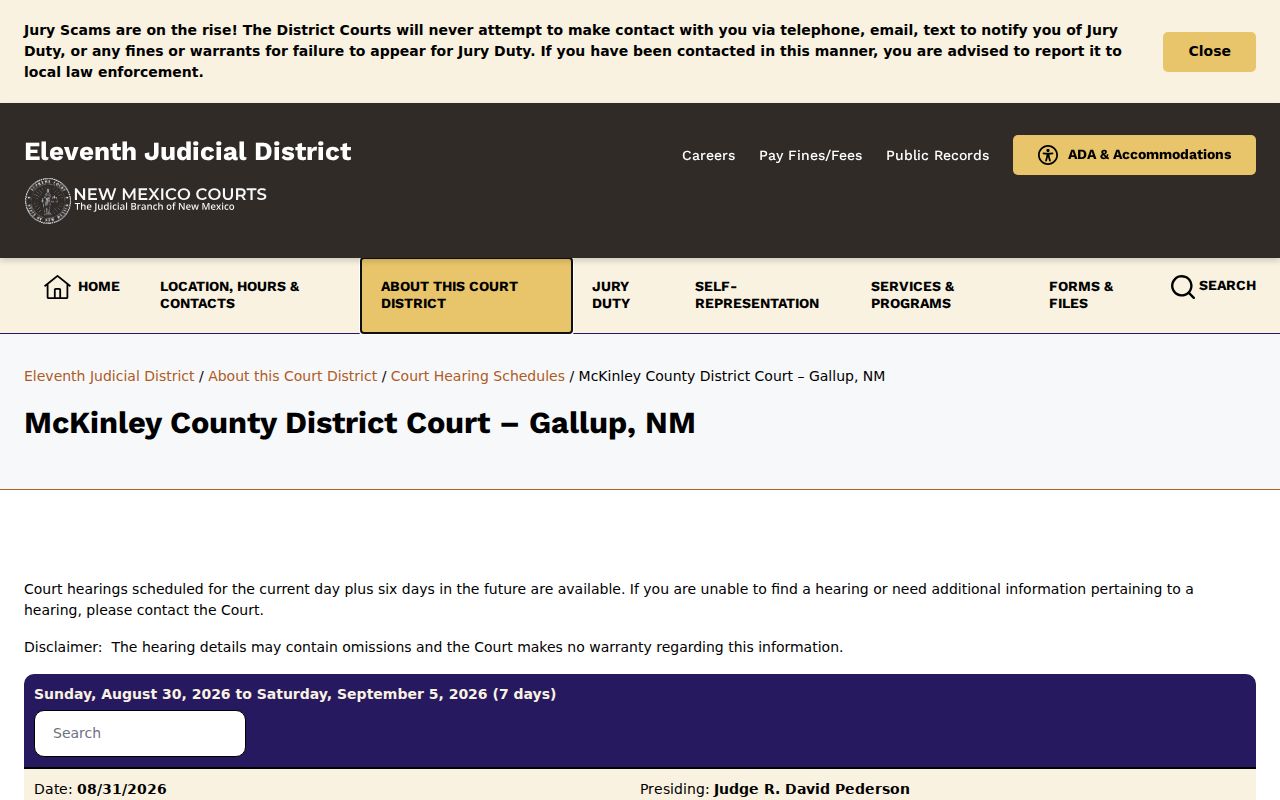 McKinley County District Court hearing schedule